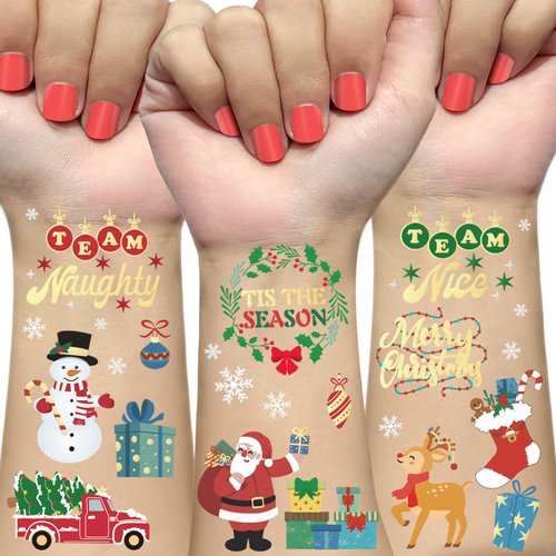 AOYOO Christmas Decorations Temporary Tattoos 52 Glitter Styles Stocking Stuffer for Kids Team Naughty Team Nice Christmas Party Favors Xmas Tree Santa Christmas Eve Gift Christmas Accessorie