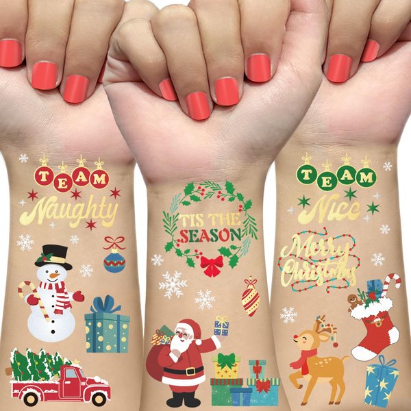 AOYOO Christmas Decorations Temporary Tattoos 52 Glitter Styles Stocking Stuffer for Kids Team Naughty Team Nice Christmas Party Favors Xmas Tree Santa Christmas Eve Gift Christmas Accessorie