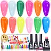 noirwhite Jelly Gel Nail Polish, 12 Pcs Glossy Trendy Colors Transparent Nail Polish Set Nude Pink Purple Green Blue Yellow Colors Jelly Nail Polish Kit UV LED Soak Off Home DIY Nail Art Salon
