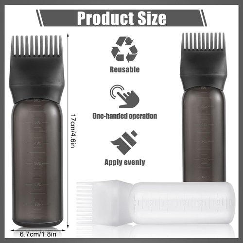 Pimoys 2 Pack Root Comb Applicator Bottle 6 Ounce Oil Applicator for Hair Dye, Hair Oiling Applicator Hair Coloring Bottle with Graduated Scale, Black and White