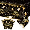 3PCS New Year Tablecloth, Disposable Black Gold NYE Party Tablecloth Decorations, Rectangular Plastic Happy New Year Table Cover NYE Theme Party Supplies for Birthday Party Decorations, 108 x 54”