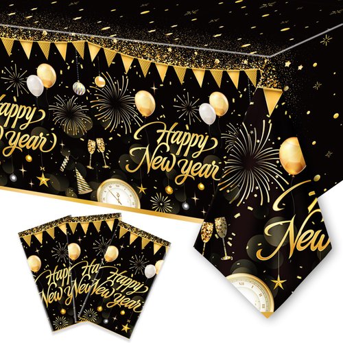 3PCS New Year Tablecloth, Disposable Black Gold NYE Party Tablecloth Decorations, Rectangular Plastic Happy New Year Table Cover NYE Theme Party Supplies for Birthday Party Decorations, 108 x 54”