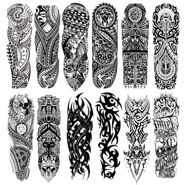 Fake Totem Sleeve Tattoos Stickers, Full Arm Tribal Totem Temporary Tattoos Sleeves for Adult Kids Women Makeup, 12-Sheet