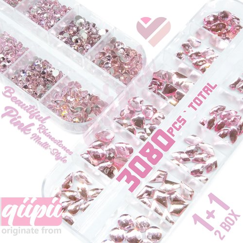 qiipii 3080Pcs Pink Nail Rhinestones 120 Multi Shapes Flatback Rhinestones Big Gems +2960 Light Pink Round Beads K9 Glass Stones Diamonds jewels Crystals for Nails Faces Eyes Makeup Clothes Crafts DIY