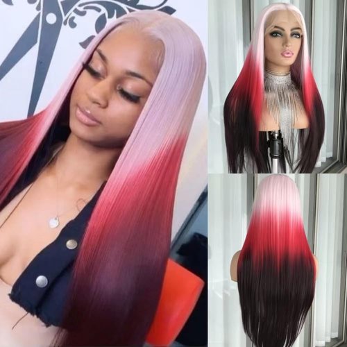 Aisom Straight Lace Front Wigs for Women Glueless Ombre Pink Color 13x4 Lace Front Wig Pre Plucked Transparent Lace 24" (Ombre pink)