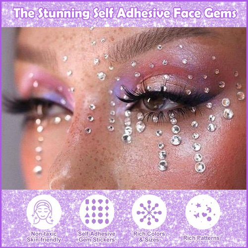 Yosca 4 Pcs Self Adhesive Face Gems, Rhinestone Stickers for Face Eye Nail Hair Body Makeup, Face Gems, Nail Rhinestones, Pearl Stickers for Halloween Christmas Diwali Concert Crafts Rave Accessories