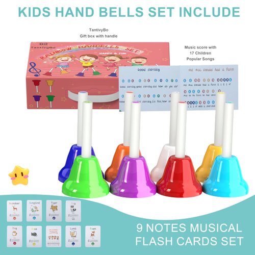 Hand Bells, 8 Note Musical Handbells Set with 17 Songbook Musical Toy Percussion Instrument for Toddlers Children Kids for Children's Day Family Activity School and Church (Upgraded Edition)