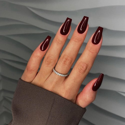 KQueenest Dark Red Press On Nails Medium Long Square Nails Press Ons Gloss, More Burgundy Long Fake Nails For Women Daily Wear, Thick Acrylic Stick on Nails False Nails Set, 24 Pcs