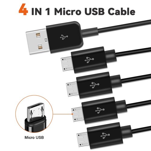 Herfair Micro USB Splitter Cable, 4-in-1 Multi Micro USB Cable Charging Cord, USB to Micro USB Wire Lead, USB 2.0 Type A Male to 4 Micro USB Male Adapter Cable for Data Sync/Charge (1.64ft, Black)