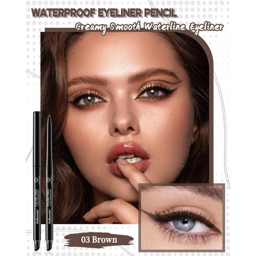 Brown Waterproof Eyeliner Gel Pencil- 2Pcs Smudge Proof Long Lasting Retractable Eyeliner Pen, Matte Cream Eyeliner Waterline, Smoky Makeup Eye Liner Pencils for Women, Built-In Sharpener & Smudger-03