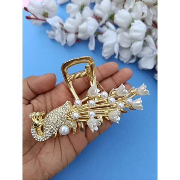 FIABLE COLLECTION Lily Flower Pearl Tassels Rhinestone Studded Hair Claw Clips Styling Accessories For Women & Girls