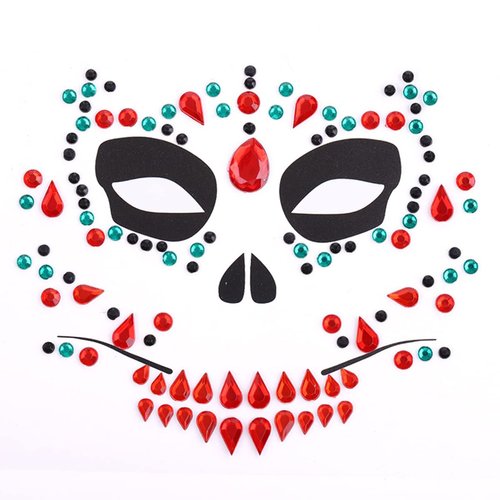 Halloween Face Jewels Tattoo Stickers Skull Rhinestone Stickers Ghost Face Makeup Acrylic Gems Stickers Day of the Dead Crystal Glitter Supplies Día De La Muerte Diamonds Face Stick Gem 3Sheets