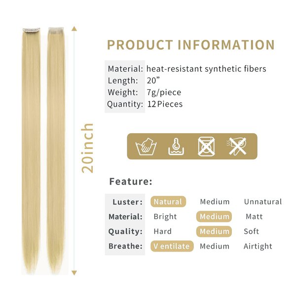 12 Pcs Colored Clip In Hair Extensions Beige Blonde hair 20 Inches Straight Hair Clip In Synthetic Hair Extensions For Women Synthetic Hairpieces Can Be Hot Water Curl (12pcs,Beige Blonde)