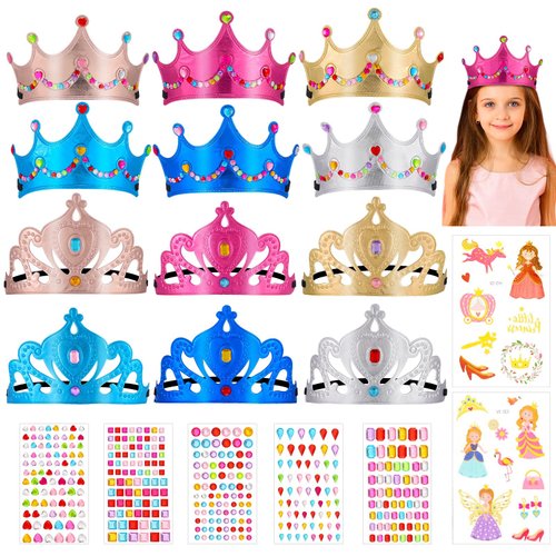 JOELELI 31pcs Crown Craft for Kids, 24pcs Foam Princess Tiara Crowns with Gem Diamond Tattoo Sticker- Make Your Own Queen King Crown Hat for Boys Girls, DIY Craft Princess Party Suppies Hats