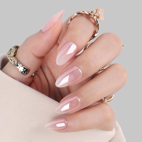 Polychrome&air Press On Nails, 30pcs/15 Sizes Pink Glazed Almond Press On Nails Set, UV Cover Drop Fake Nails with Nail Glue & Adhesive Tabs - Reusable False Nails & Accessories for Party/Dating/Event
