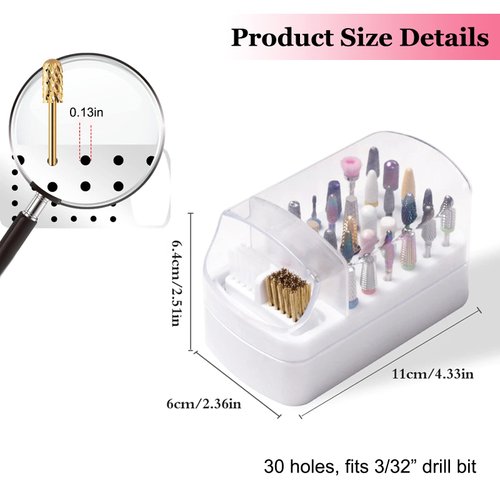 AREMOD 2 in 1 Nail Drill Bits Holder, Electric Nail Drill Bits Cleaning Brush with Steel Wire & Nylon Brushes 30 Holes Nail Drill Stand Display Organizer Dustproof Case for Nail Manicure Tools(White)