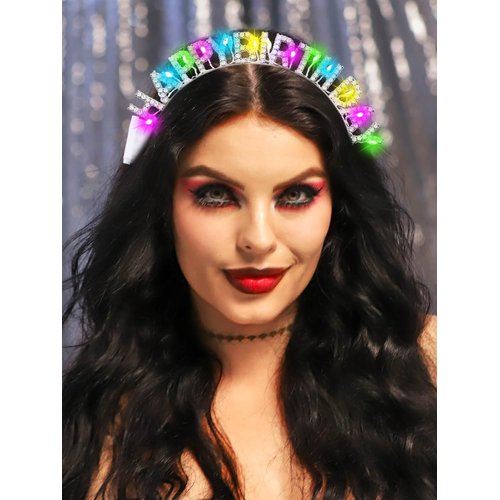 Sixexey Light Up Happy Birthday Headband LED Rhinestone Hair Band for Birthday Celebration Party Favors Hair Accessories for Women(Silver, One Size)