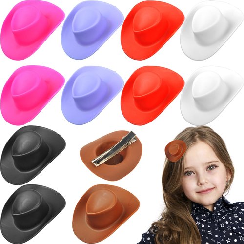 12 Pcs Mini Western Cowboy Cowgirl Hat Hair Clips, Plastic Mini Hat Hair Clip, Cute Cowboy Hat Clips, Cowgirl Hat Hair Clip for Decoration Accessories Toy Doll Dress Up Games (Mixed Pure Color)