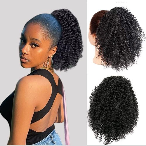 DUTIKA Drawstring Ponytail Extension Curly Hair Extensions, Synthetic Pony Tails Extensions Human Hair Feeling, Kinky Curly Ponytail Afro Puff Drawstring Ponytail for Black Women（10inch,2#）