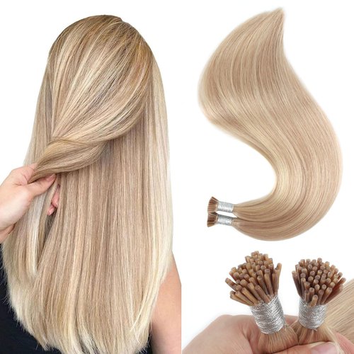 Sixstarhair I Tip Hair Extensions Dirty Blonde with Bleach Blonde Highlights Color 18/613 Cold Fusion Hair Extensions Real Human Hair 50g/Pack Keratin Hair Extensions 22 Inch Itip Hair Extensions