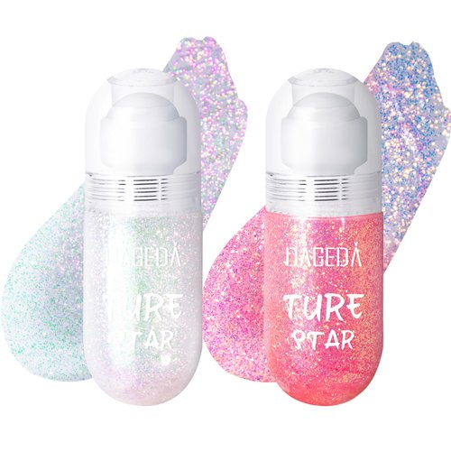 DAGEDA 2Colors Roll-on Body Glitter Gel for Body, Hair, Face, Holographic Glitter Makeup for Rave Accessories, Body Shimmer Hair Glitter Gel for Halloween Makeup(Sparkling Pink+Pink)
