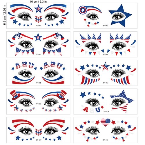 4th of July Temporary Tattoos 10 Sheets Independence Day Face Decorations Tattoos Red White Blue Patriotic Design Tattoo Supplies for Women Men Boys Girls Indepence Day Party Parade Tattoo Stickers