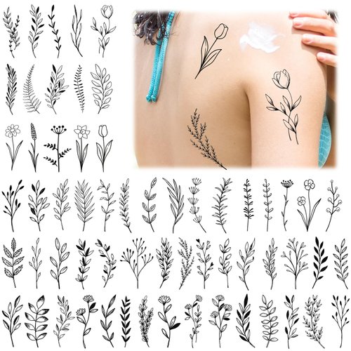 12 Sheets Realistic Temporary Tattoo Tiny Branch Black Flower Temporary Tattoos For Women Girl Plant Temporary Tattoos Wild Plant Tattoo Stickers Realistic Wild Floral Tattoo for Hands Legs Body