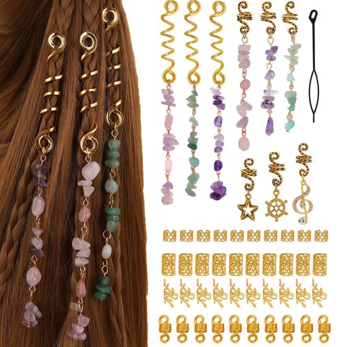 AUNEAL Hair Accessories for Women Hair Jewelry for Braids Dreadlock Accessories Beads Stone Hair Clips Colored Gold Metal Hair Charms Hair Rings Hairstyle Decoration for Girls(50 pcs)