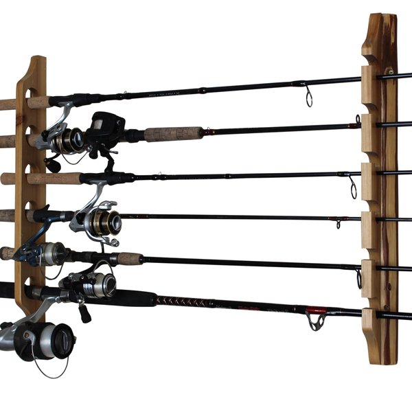 Rush Creek Creations 2-Piece 6 Fishing Rod Rack Storage Wall Mount - Easily Installed Fishing Pole Holder, Pine Finish, light wood (37-0019)