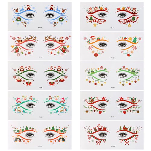 Christmas Eye Stickers for Women Penta Angel 10 Pairs Colored Santa Claus Snowflake Stocking Face Makeup Sticker Temporary Tattoos for Girls Christmas Masquerade Costume
