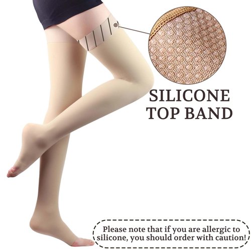 Lin Performance 15-20 mmHg Medical Compression Stockings for Women and Men Thigh High Dot-Top Open Toe Socks for Varicose Vein Swollen legs Travel Flight Pregnant(Beige,M)