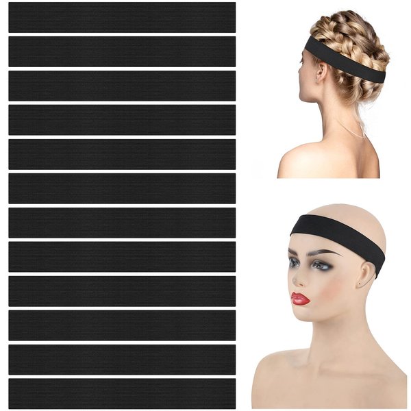 WILLBOND 12 Pieces Adjustable Elastic Band for Wigs, Polyester Fiber Wig Edge Band, 1.2 Inch in Width, 23.6 Inch in Length, Black