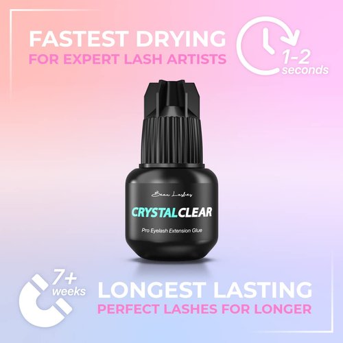 Crystal Clear Professional Eyelash Extension Glue | Super Strong Clear Lash Adhesive for Long Lasting Semi Permanent Individual Lash Eyelash Extensions | 1-2s Fast Drying / 7 Weeks Retention