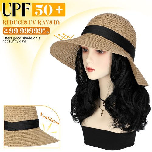 Lansigreen Sun Hat with Hair Extensions Hat Wig UPF 50+ Foldable Wide Brim Straw Beach Hat Attached 9" Wavy Hairpiece Synthetic for Women Summer Dark Black