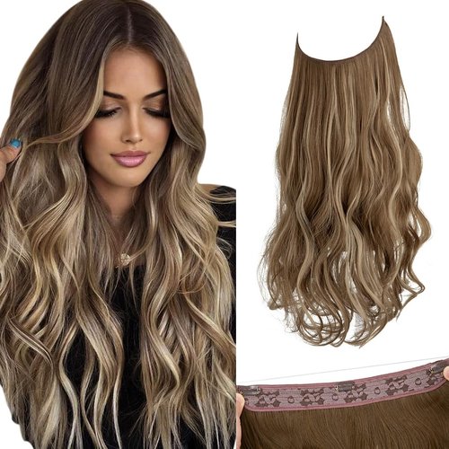 SARLA Invisible Wire Hair Extensions with 3 Clips Long Synthetic Wavy Curly Hairpiece Adjustable ...