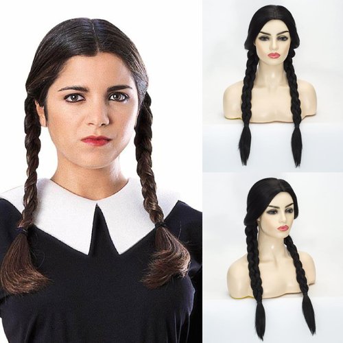 MORTICIA Long Straight Middle Parting Pre-Braided Heat Resistant party Costume Wig (Black)