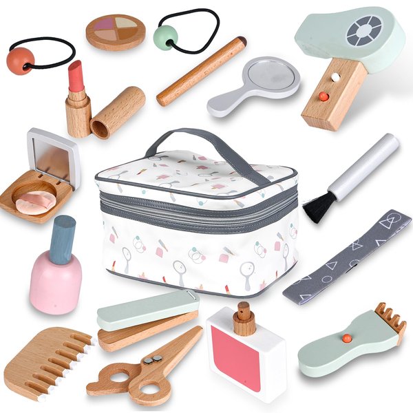 HEELWIRE Makeup Kit for Girl, Toddler Wooden Makeup Kit for Girls 16PC,Pretend Play for Toddlers Ages 3+,Wooden Makeup Toy Set.