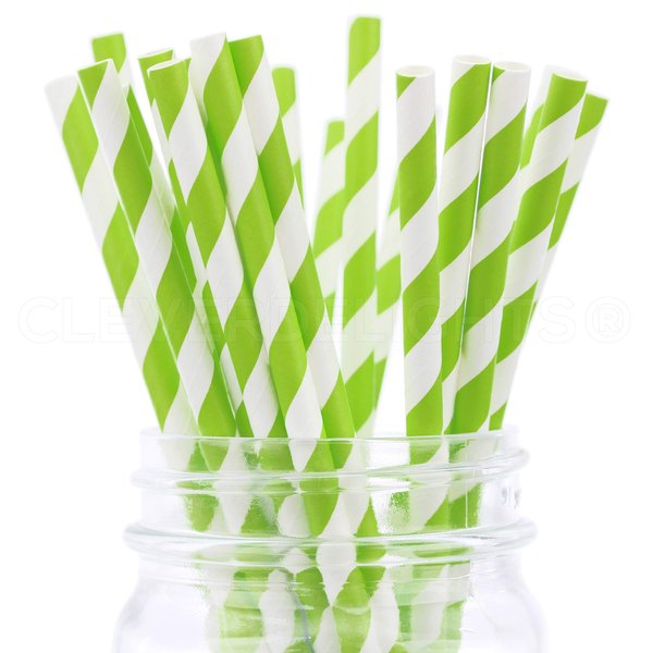 CleverDelights Biodegradable Paper Straws - Neon Green Stripe - Box of 100