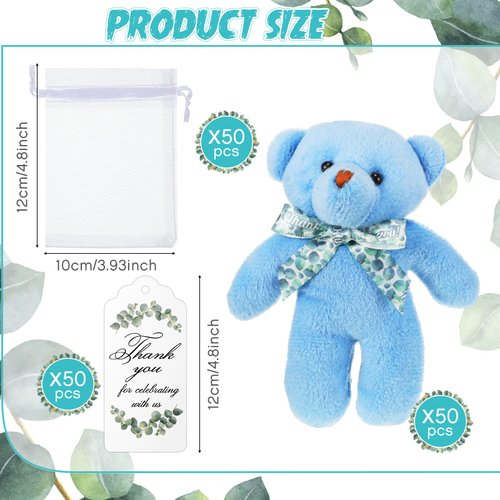 Wettarn 30 Sets Bear Baby Shower Favors Small Bears Bulk Tiny Plush Bears 4.72 Inch Little Bears with Thank You Tags and Mesh Bags Mini Stuffed Animals for DIY Keychain Birthday Decorations(Blue)