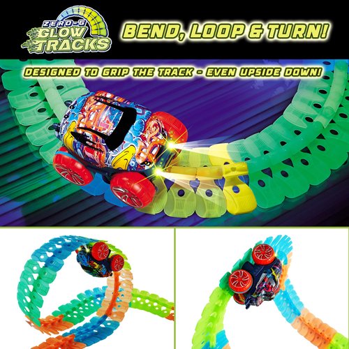USA Toyz Zero-G Glow Race Track for Kids- 60pcs Glow in The Dark Flexible Race Car Track Set with Suction Cups, Slot Car, 2 Graffiti Toy Cars Shells, STEM Toy LED Car Tracks for Boys and Girls Age 3+