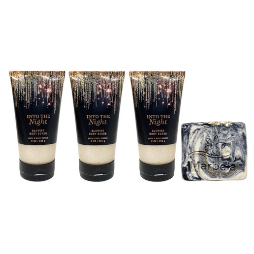 Bath & Body Works Into The Night 3 Piece Glowing Body Scrub Bundle with a Charcoal Scrub Bar Soap - Full Size
