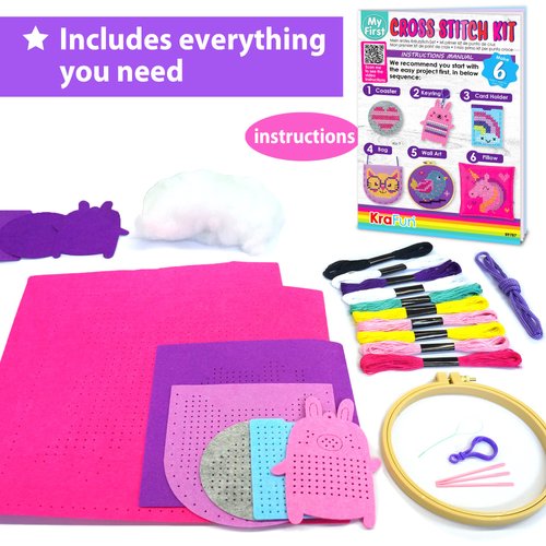 KRAFUN Beginner My First Cross Stitch Kit for Kids Arts & Crafts, 6 Easy Projects of Felt Keyring, Bag, Pillow Craft, Instructions, Gift for Girls and Boys, Learn DIY Crafting, Embroidery