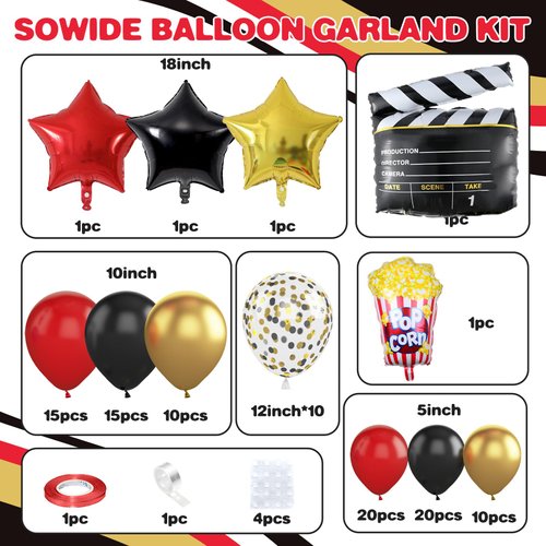 Movie Night Balloon Garland Arch Kit, Red Black Gold Balloons with Camera Star Foil Popcorn Flim Clapperboard Balloons for Birthdays Anniversaries Movie Theater Film Party Decorations