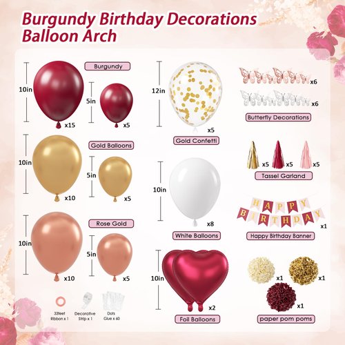 Burgundy Birthday Party Decorations with Happy Birthday Banner Tissue Tassels Paper Pompoms Butterfly Decorations Foil Balloons Happy Birthday Decorations for Women Adults