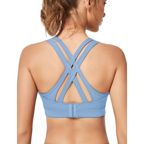 Yvette Women High Impact Sports Bras Criss Cross Back Sexy Running Bra for Plus Size, Blue, M(DF)