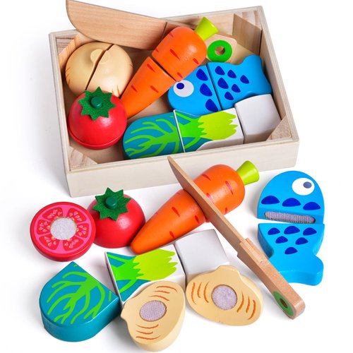 FUN LITTLE TOYS 12 Pcs Wooden Pretend Cutting Play Food Set for Kids Aged 3+, Early Education Toy for Toddlers, Veggie Slicers Playset, Toys Food and Vegetables with Storage Case