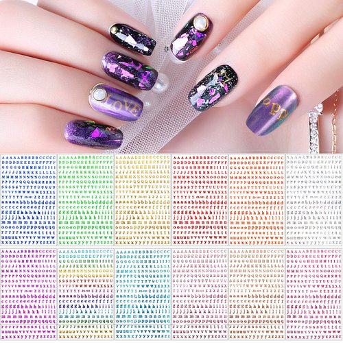 12 Sheets Letters Nail Stickers, EBANKU Alphabet Nail Stickers Holographic Small Tiny Letter Nail Stickers, 3D Colors Laser Letter Self-Adhesive Nail Decals for Nail Art Decor
