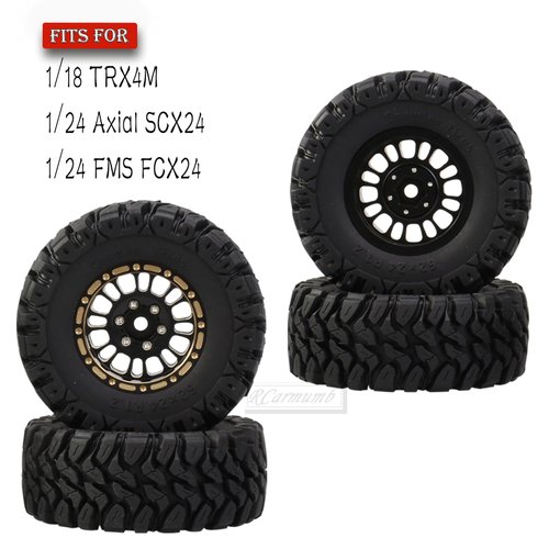 Rcarmumb RC 1.2in Truck Tires for 1/18 1/24 RC Crawler Car Trx4m Axial SCX24 FMS FCX24,4PCS RC Full Brass Beadlock Wheel Soft Rubber Tires Set