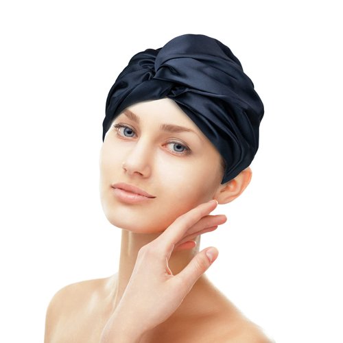 Silmer 100% Mulberry Silk Bonnet Silk Hair Wrap for Sleeping - Silk Sleep Cap 22 Momme on Both Sides - Natural Silk Night Bonnet Headwear with Elastic for Straight/Curly/Frizzy Hair (Navy Blue)