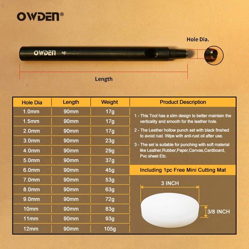 OWDEN Professional 13 Pcs Leather Hole Punch Set (Slim Style) 1.0-12MM for Leather Belt,Watch Band and Leather Strap Gasket. with a Free 3" Nylon mat.